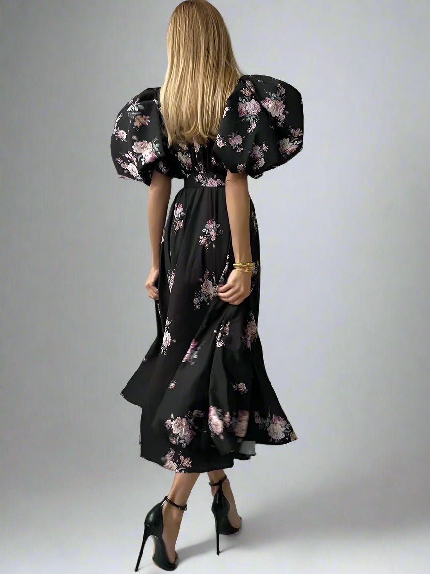 Années 40 Robe Midi Imprimé Fleur Manches Ballon - Ma Penderie Vintage