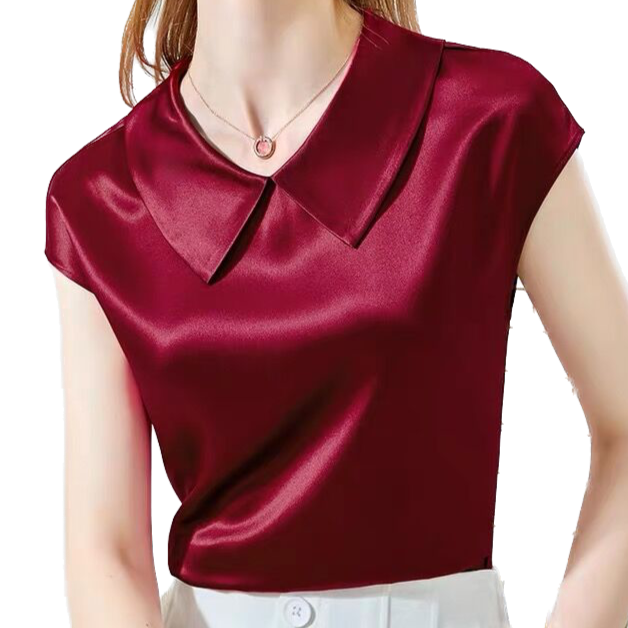 <tc>Años 40</tc> Blusa de satén de manga corta con cuello Peter Pan