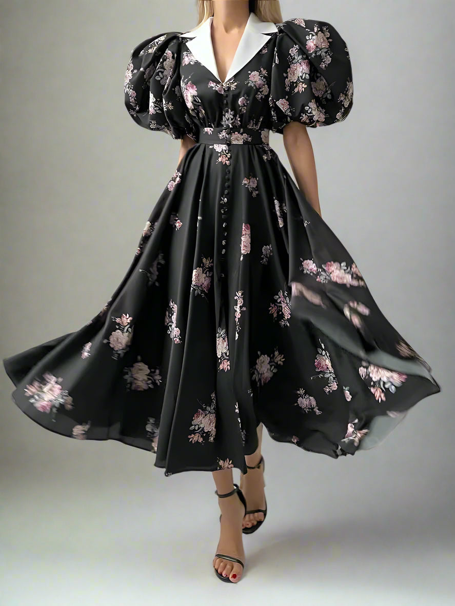 <tc>Años 40</tc> Vestido midi con mangas globo y estampado de flores
