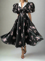 <tc>Años 40</tc> Vestido midi con mangas globo y estampado de flores