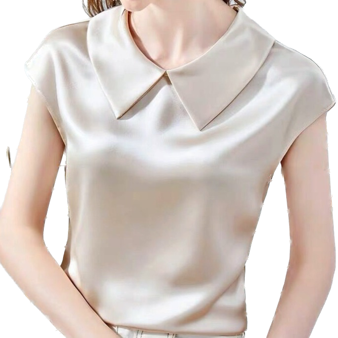 <tc>Años 40</tc> Blusa de satén de manga corta con cuello Peter Pan