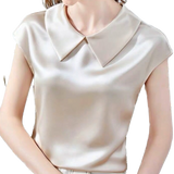 <tc>Años 40</tc> Blusa de satén de manga corta con cuello Peter Pan
