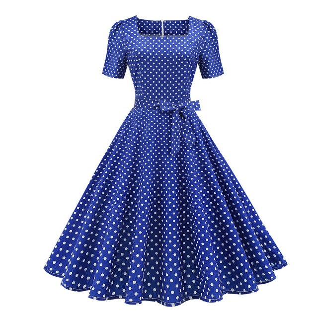 Années 50 Robe Col Carré À Pois Lucille Bleu - Ma Penderie Vintage